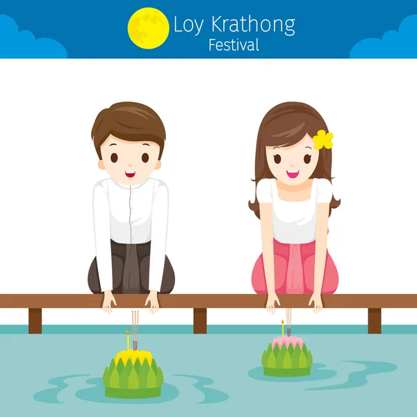 Festival Loy Krathong Niño Niña Con Disfraces Nacionales Celebración Cultura — Vector de stock