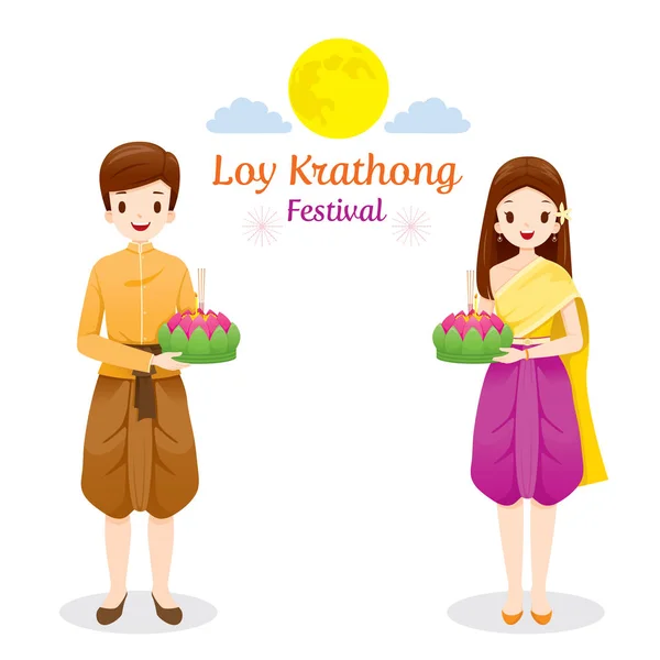Loy Krathong Festival Pár Národním Kroji Postavení Oslava Kultura Thajsko — Stockový vektor