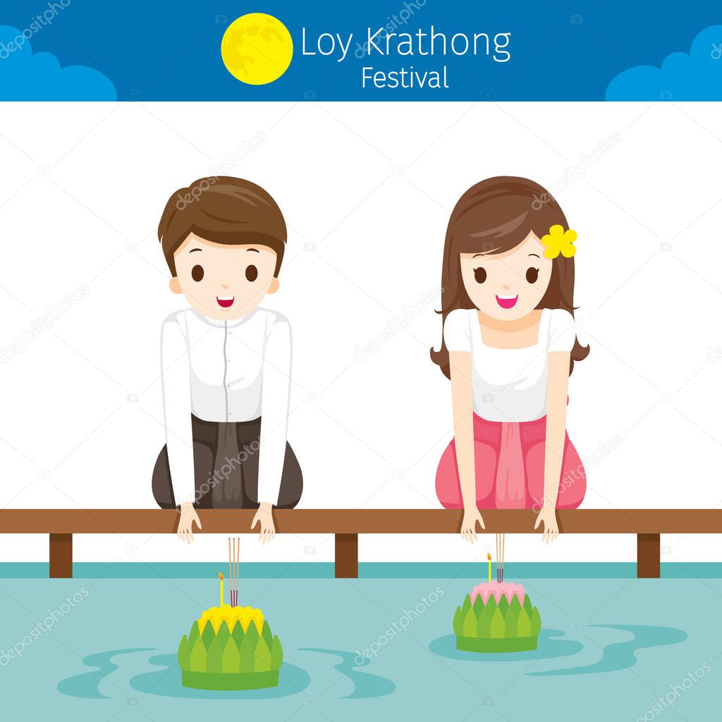 Loy Krathong Festival, Boy and Girl in National Costume Sitting, Celebration and Culture of Thailand, Asia, Feast, Season, Religion