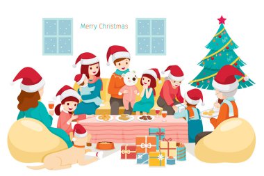 Oturup, konuşurken ve tatil partisi evde, yemek Noel ağacı ve hediyeler, yılbaşı, Xmas, hayvanlar, festival, kutlamalar büyük mutlu bir aile