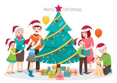 Büyük mutlu bir aile, Noel ağacı ve hediyeler, tatil partide ev, yeni yıl, Xmas, hayvanlar, festival, kutlamalar