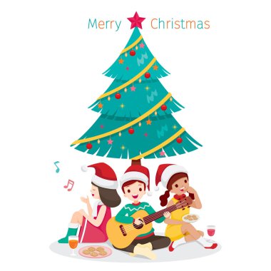 Noel ağacı, şarkı ve tatil partisi ev, yeni yıl, Xmas, festival, merkezinde yemek gitar altında kutlamalar oturan çocuk