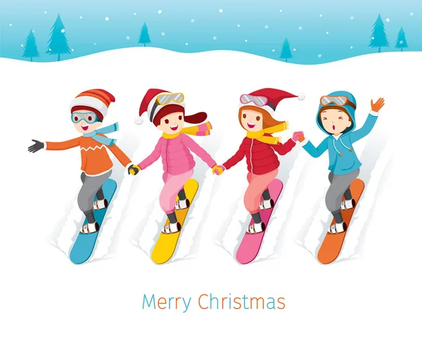 Enfants Snowboard Ensemble Hiver Noël Nouvel Noël Fête Fêtes Vacances — Image vectorielle