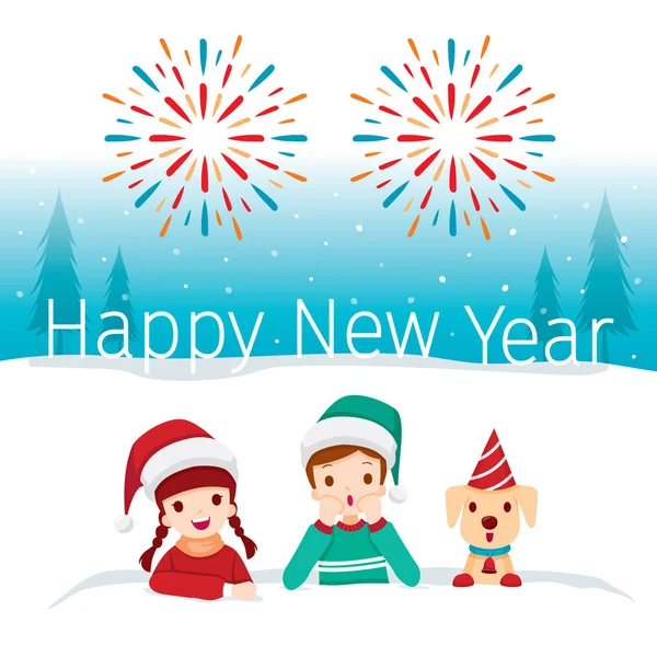 Celebración Del Año Nuevo Niños Perros Felices Snowdrift Navidad Navidad — Archivo Imágenes Vectoriales