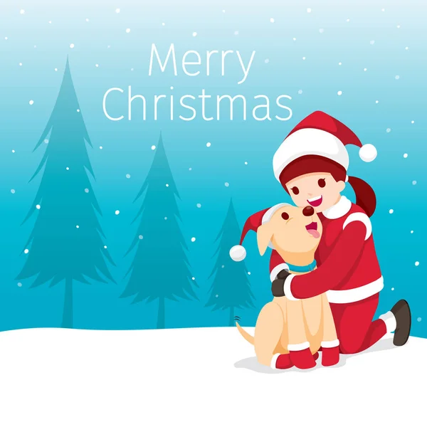 Fête Noël Enfants Heureux Étreignant Son Chien Nouvel Noël Animaux — Image vectorielle