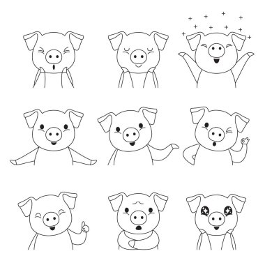 Domuz anahat ifadeleri Icons Set, domuz, gıda, Piglet, Imoji yıl