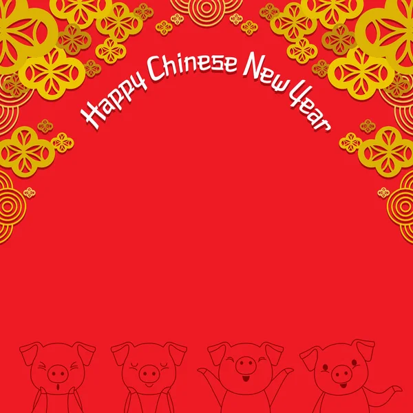 Red Frame Decoration Flowers Outline Pigs Happy Chinese New Year — Stock Vector