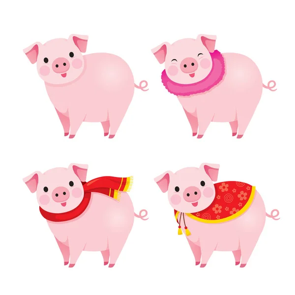 Conjunto Cerdos Con Ropa Año Del Cerdo Tradicional Celebración China — Vector de stock
