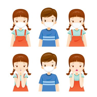 Set Of Girl And Boy Wearing Air Pollution Mask For Protect Dust  clipart