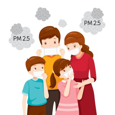 Toz pm2 korumak için hava kirliliği maskesi giyen ebeveyn ve çocuk