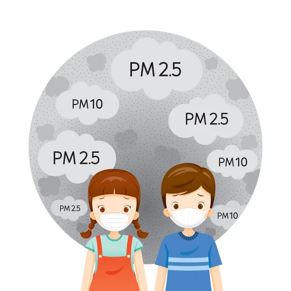 먼지 Pm2.5를 보호하기 위해 대기 오염 마스크를 착용한 소녀와 소년, — 스톡 벡터