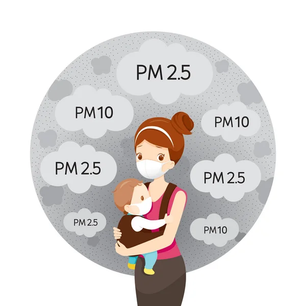 먼지 Pm2.5를 보호하기 위한 대기 오염 마스크를 착용한 엄마와 아기, — 스톡 벡터