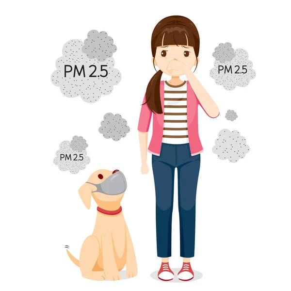 Γυναίκα και σκύλος φορώντας μάσκα ατμοσφαιρικής ρύπανσης για την προστασία της σκόνης Pm2.5, — Διανυσματικό Αρχείο