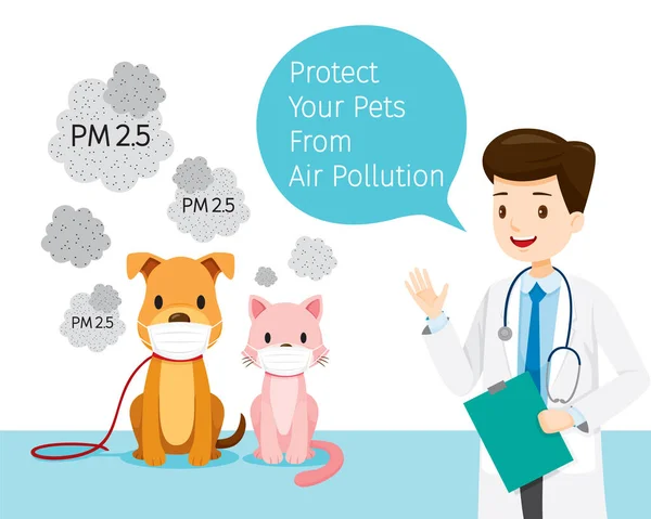 大気汚染マスクFoを身に着けている犬と猫を持つ男性獣医 — ストックベクタ