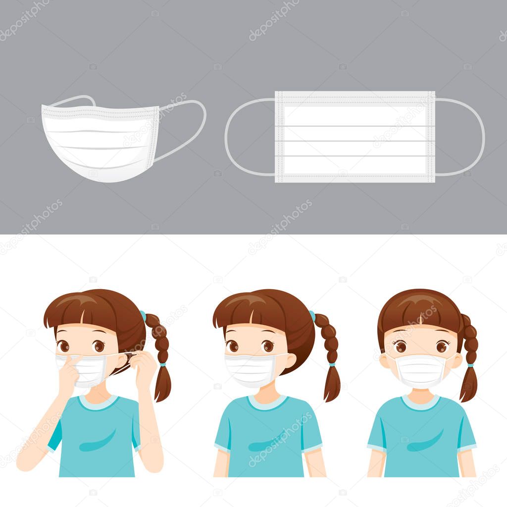 Set Of Air Pollution Mask And Girl Wearing Mask For Protect Dust