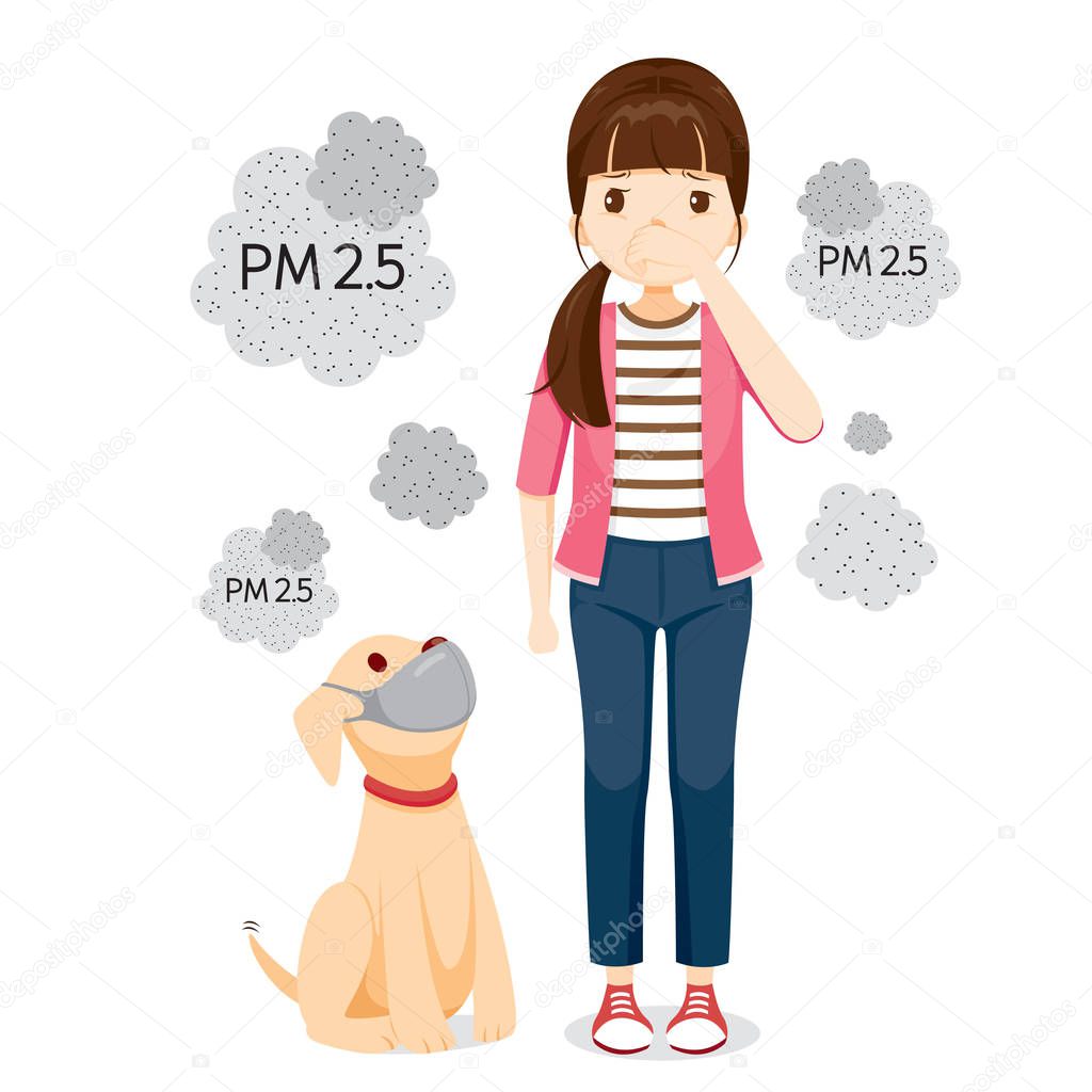 Woman And Dog Wearing Air Pollution Mask For Protect Dust PM2.5,