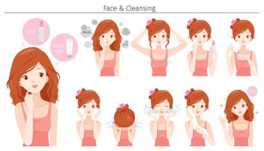 Genç bir kadın yüzünü çeşitli eylemlerle temizliyor ve tedavi ediyor.