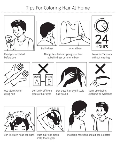 Советы и меры предосторожности перед использованием краски для волос для окрашивания собственных волос А — стоковый вектор