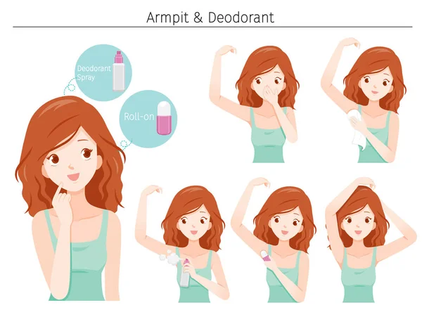 Young cares armpit with deodorant — Stock Vector