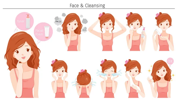 Young Woman Cleaning And Care Her Face With Various Actions Set — Stock Vector