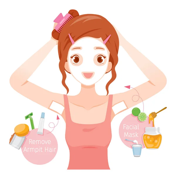 Jeune femme épilant ses poils d'aisselle et masquant son visage — Image vectorielle