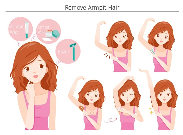 Conjunto de mulher jovem remover seu cabelo axila — Vetor de Stock
