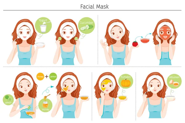 Junge Frau maskiert ihr Gesicht mit natürlicher Gesichtsmaske, Joghurt und — Stockvektor