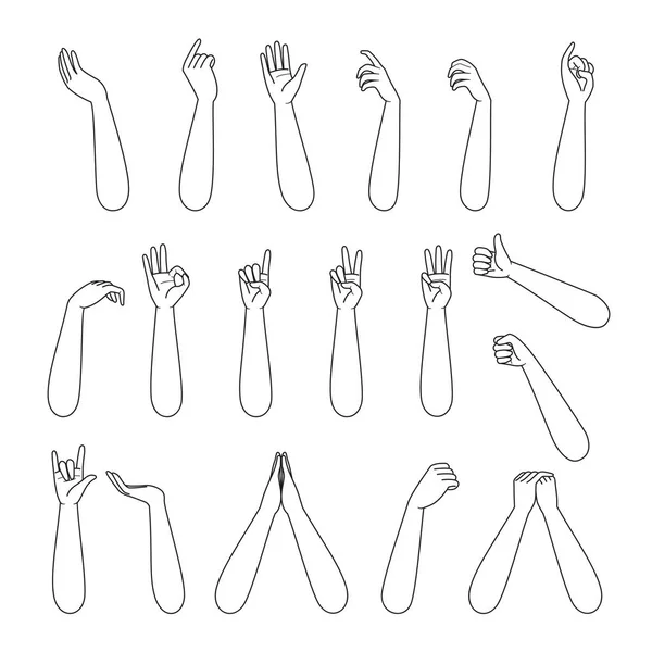 Ensemble de l'avant-bras et de la main de l'homme dans divers gestes, contour — Image vectorielle