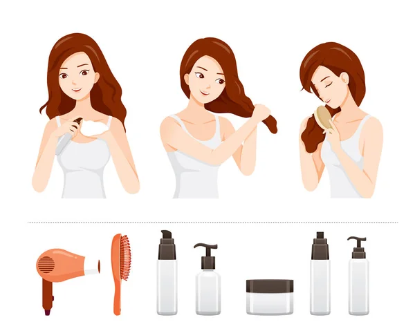 Set Of Young Woman Care And Treatment Her Hair With Hair Treatme — Stock Vector