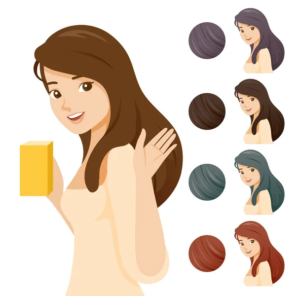 Young Woman With Packaging In Hand And Set Of Different Hair Col — Stock Vector