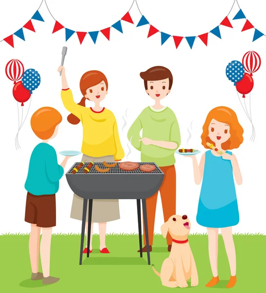 Family Celebrating Together With Barbecue Party, 4th Of July Ind — Stock Vector