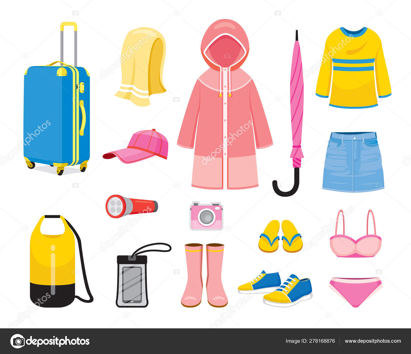 Clothes And Necessities For Rainy Season Travel Trip — Stock Vector