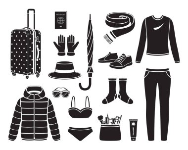 Kış Sezonu Seyahat Gezisi Monokrom Için Giyim Ve İhtiyaçlar