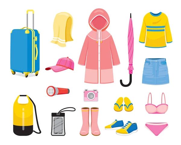 Kleidung und Notwendigkeiten für die Reise in der Regenzeit — Stockvektor