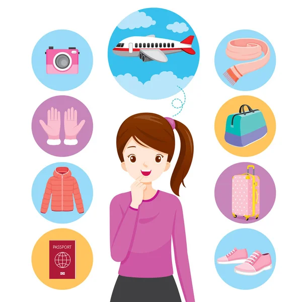 Mujer con iconos de ropa y necesidades para viajar — Vector de stock