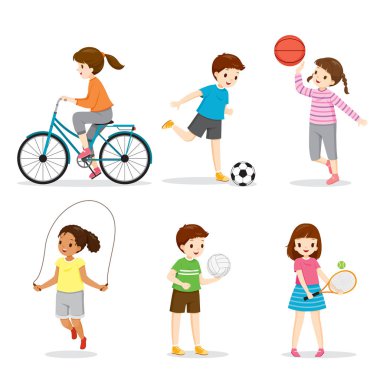 İyi İyileşmek İçin Spor Oynayan ve Egzersiz Yapmak İçin Mutlu Çocuklar Seti