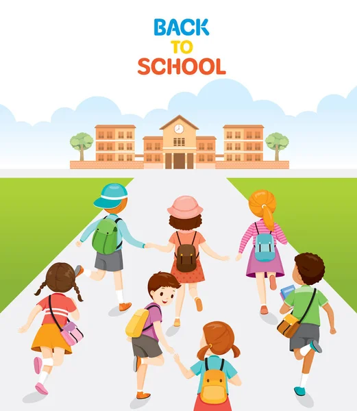 Barn som springer och går tillbaka till skolan i ryggen — Stock vektor