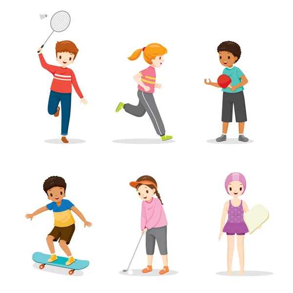 İyi İyileşmek İçin Spor Oynayan ve Egzersiz Yapmak İçin Mutlu Çocuklar Seti — Stok Vektör