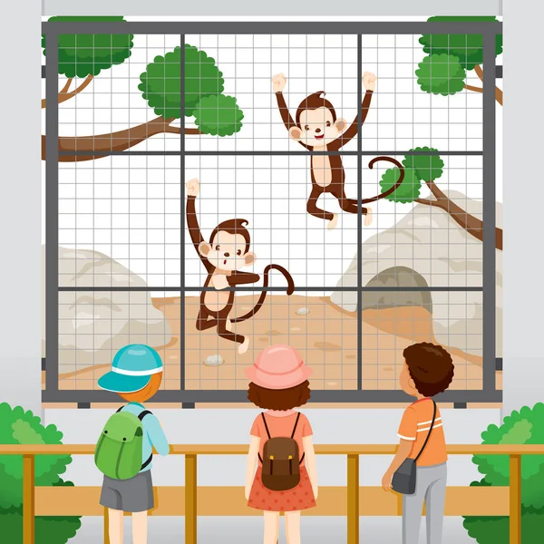 Au zoo, les enfants regardent les singes en cage — Image vectorielle