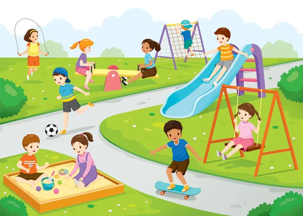 Enfants heureux jouant joyeusement sur l'aire de jeux — Image vectorielle