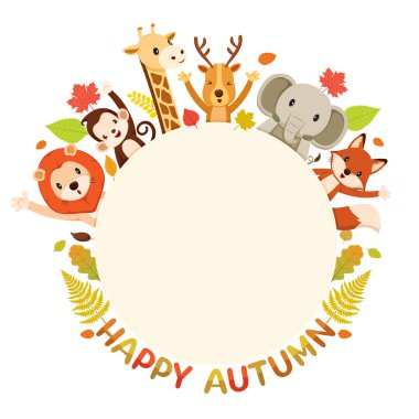 Yuvarlak Çerçeve Üzerinde Hayvanlarla Mutlu Sonbahar Metinleri