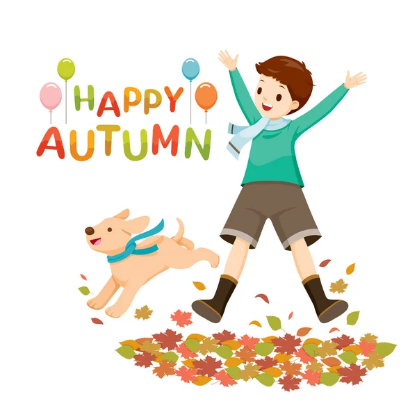 Happy Boy saltando y levantando las manos con el perro en la temporada de otoño — Archivo Imágenes Vectoriales
