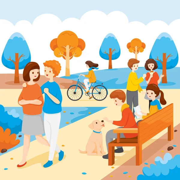 People Relaxing, Talking, Running, Riding Bicycle In Public Park — Stock Vector