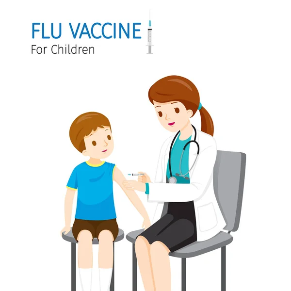 Γυναίκα Γιατρός Ένεση Εμβόλιο γρίπης για παιδιά — Διανυσματικό Αρχείο