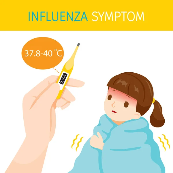 Fille avec des symptômes de grippe avec une température corporelle élevée — Image vectorielle