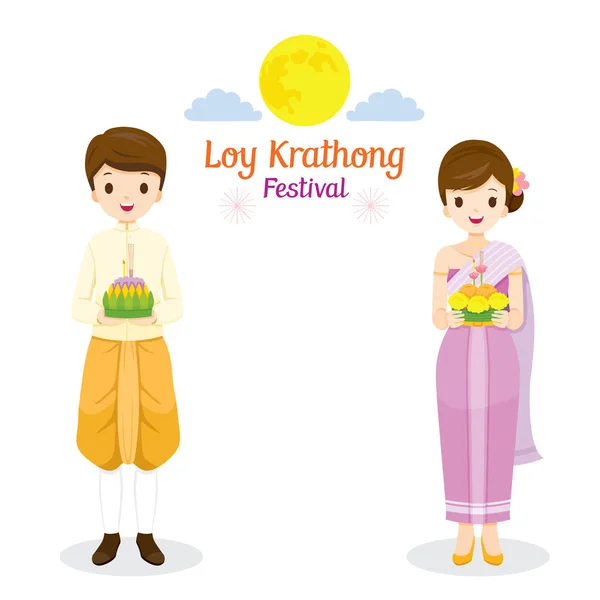 Festival Loy Krathong Pareja Ropa Tradicional Tailandesa Traje Nacional Permanente — Vector de stock