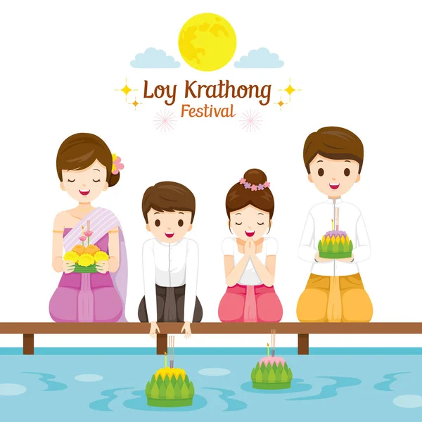 Loy Krathong Festival Family Traditional Thai Clothing National Costume Sitting — Stock Vector