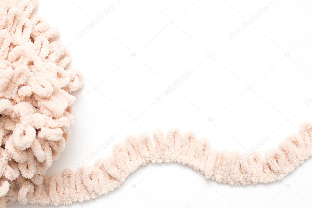 knitting yarn without knitting needles. White Font.