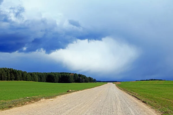 Yeşil bir alanın ortasında çakıl yol, bir fırtına önce, ve mesafe, arka planda bir orman.
