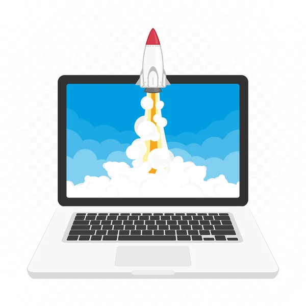 Raket lancering op laptop. — Stockvector